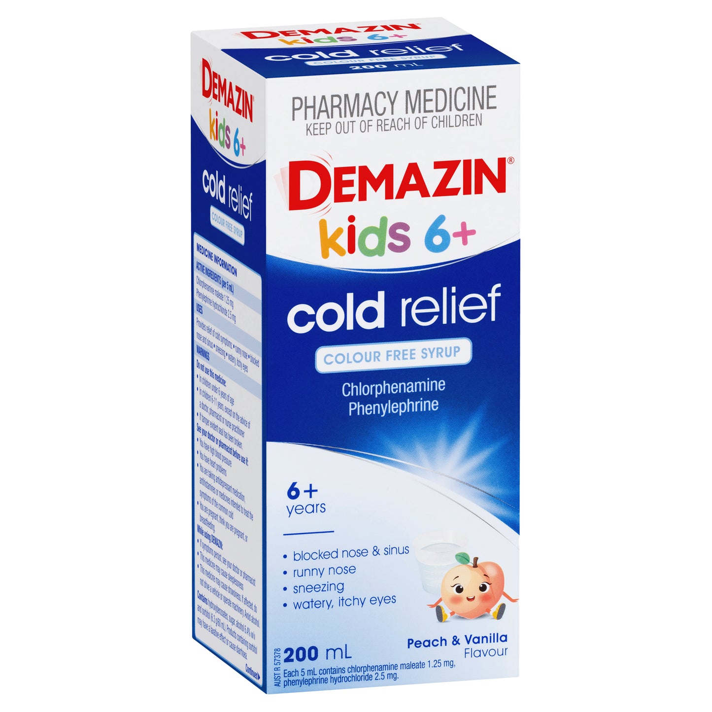 Demazin Kids 6+ Cold Relief Colour Free Syrup Peach & Vanilla Flavour