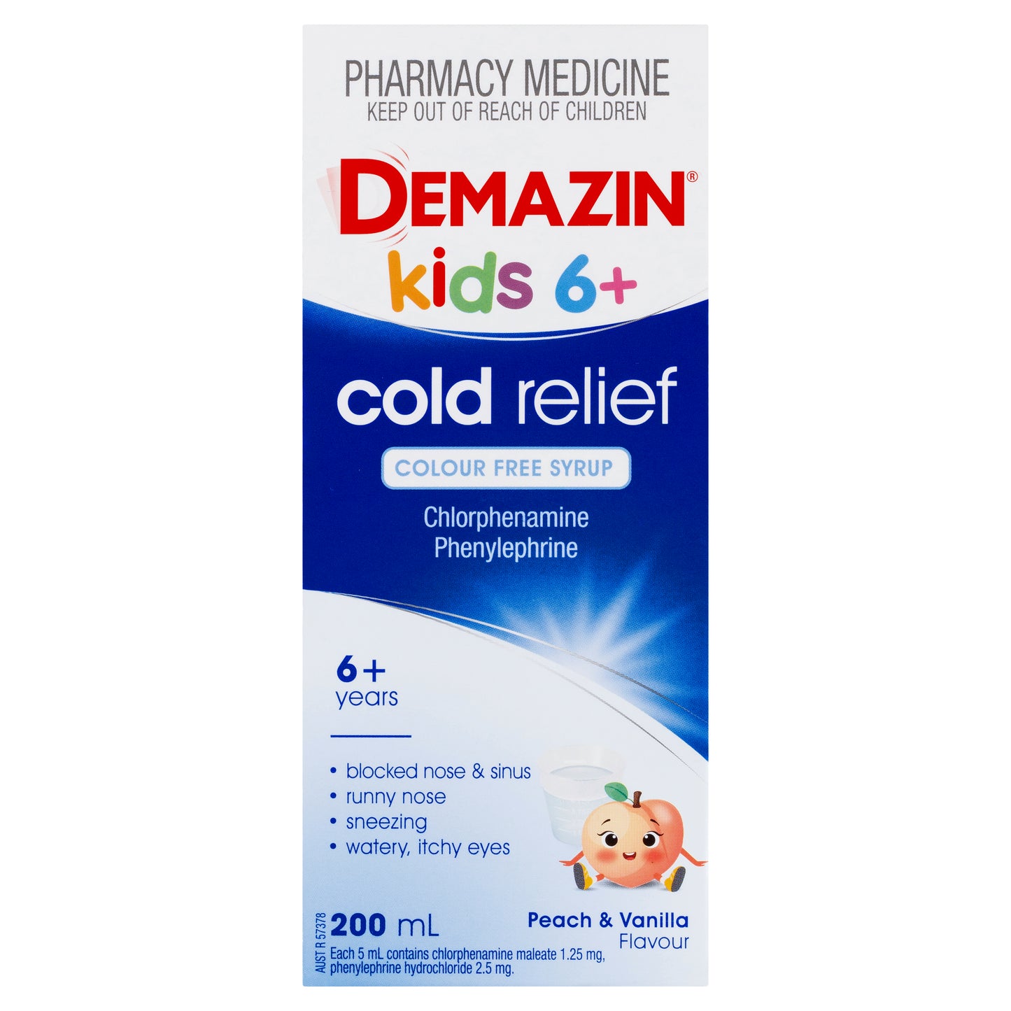 Demazin Kids 6+ Cold Relief Colour Free Syrup Peach & Vanilla Flavour