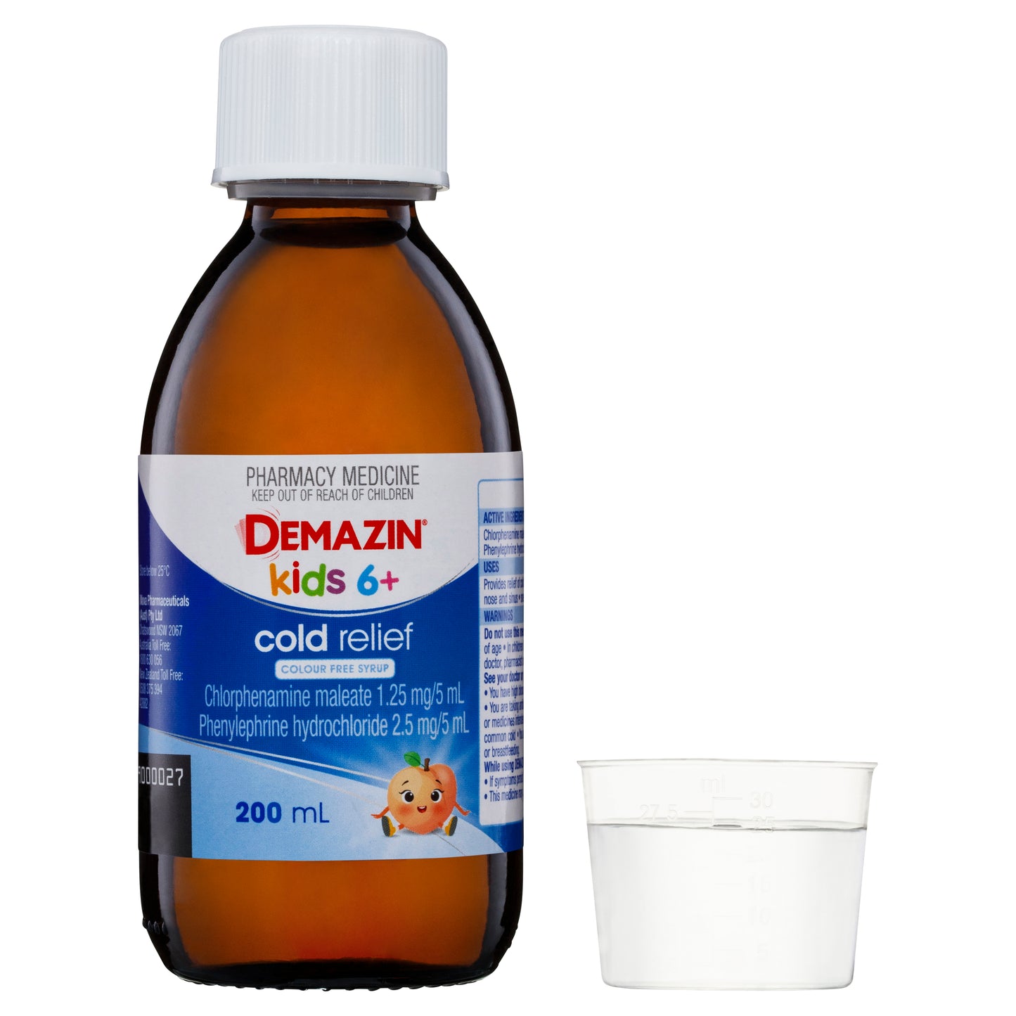 Demazin Kids 6+ Cold Relief Colour Free Syrup Peach & Vanilla Flavour