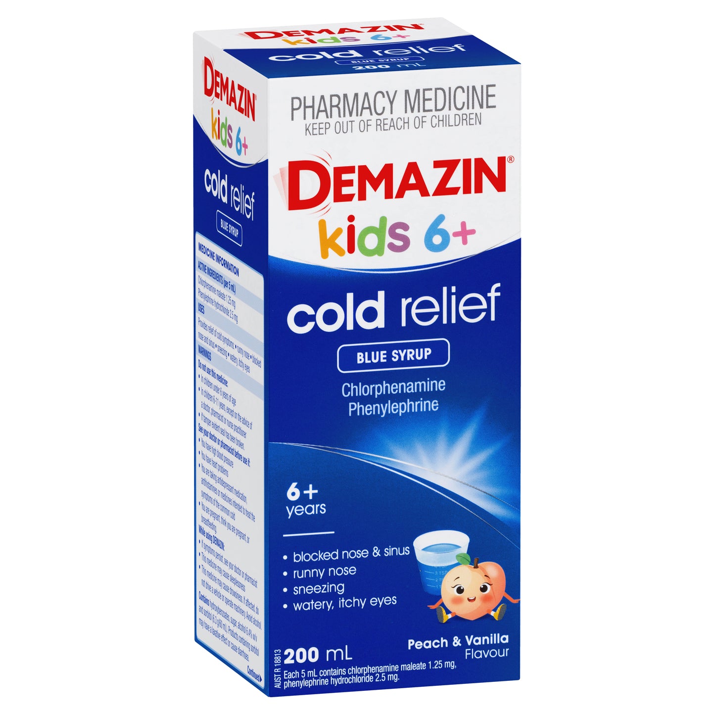 Demazin Kids 6+ Cold Relief Blue Syrup Peach & Vanilla Flavour