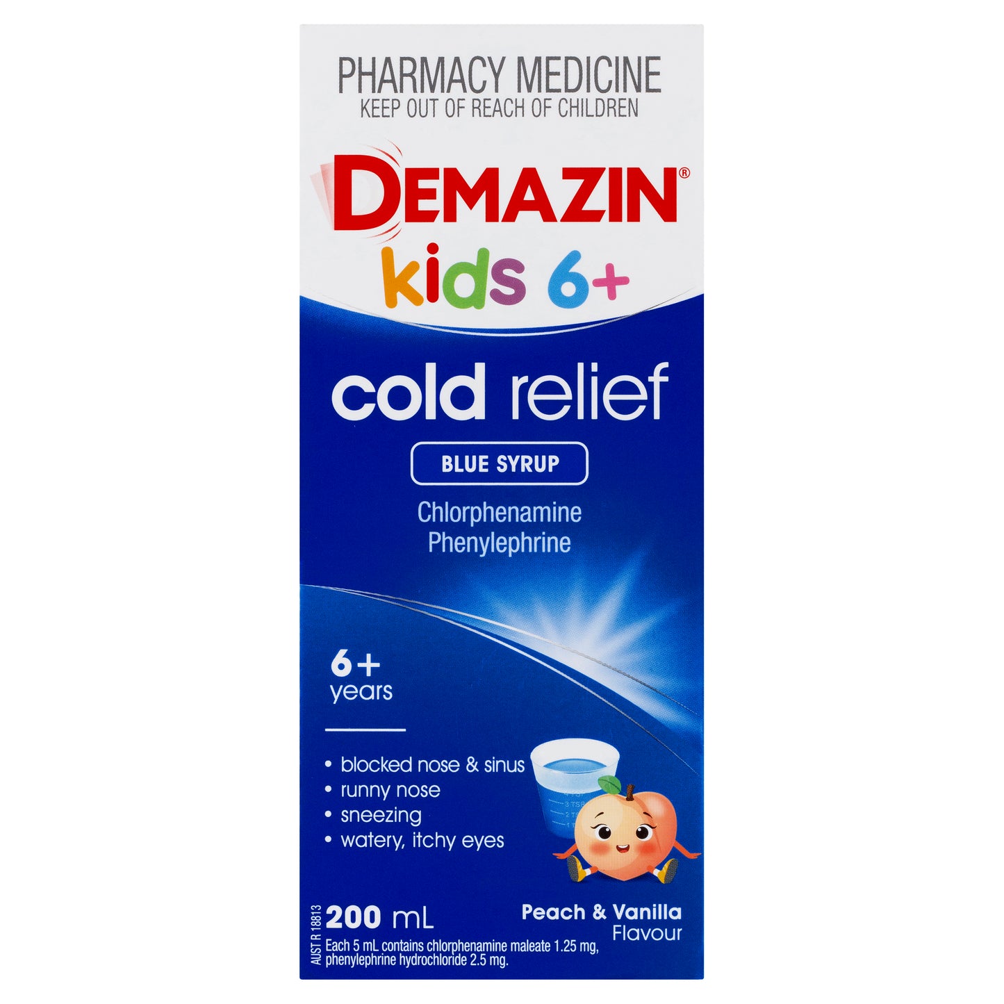 Demazin Kids 6+ Cold Relief Blue Syrup Peach & Vanilla Flavour