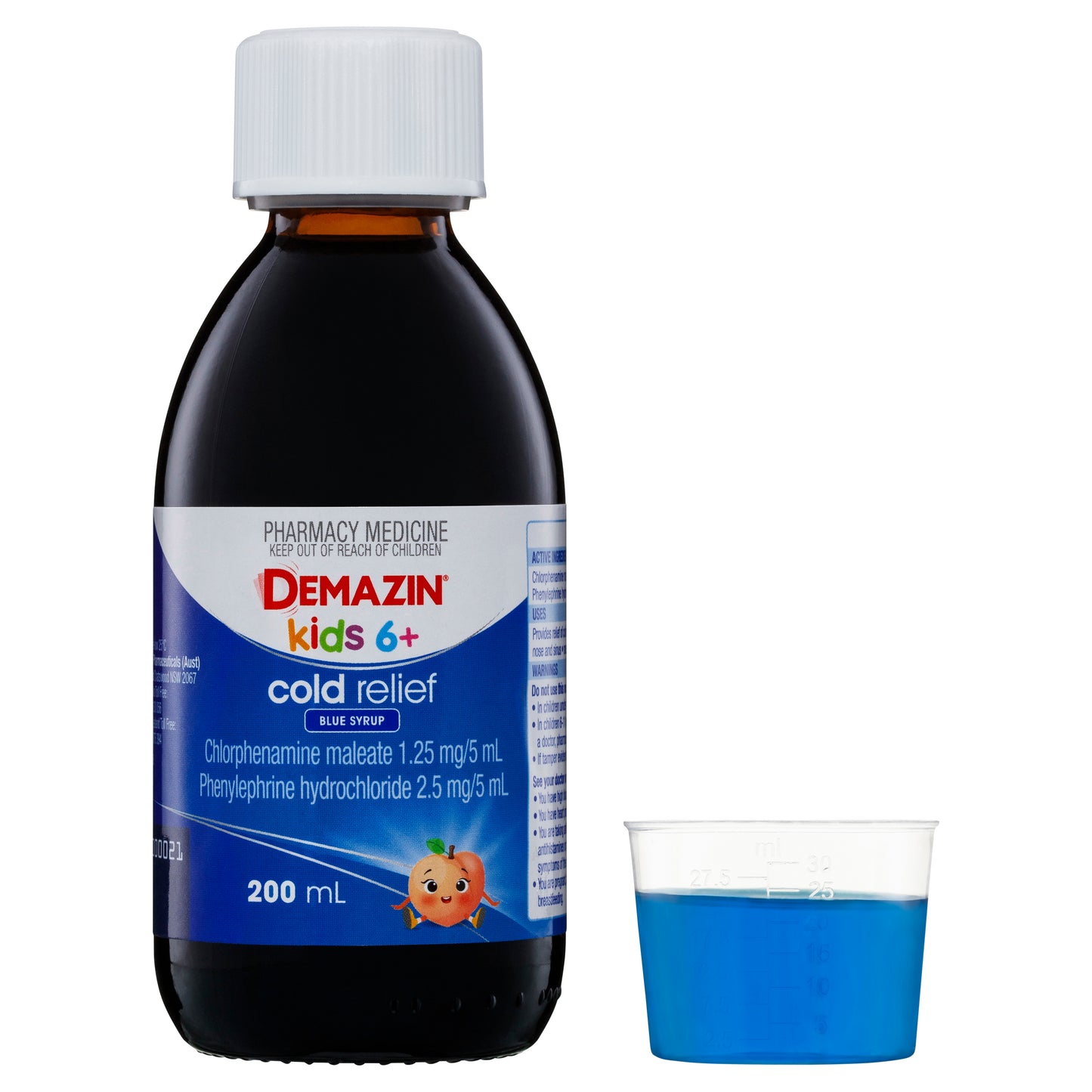 Demazin Kids 6+ Cold Relief Blue Syrup Peach & Vanilla Flavour