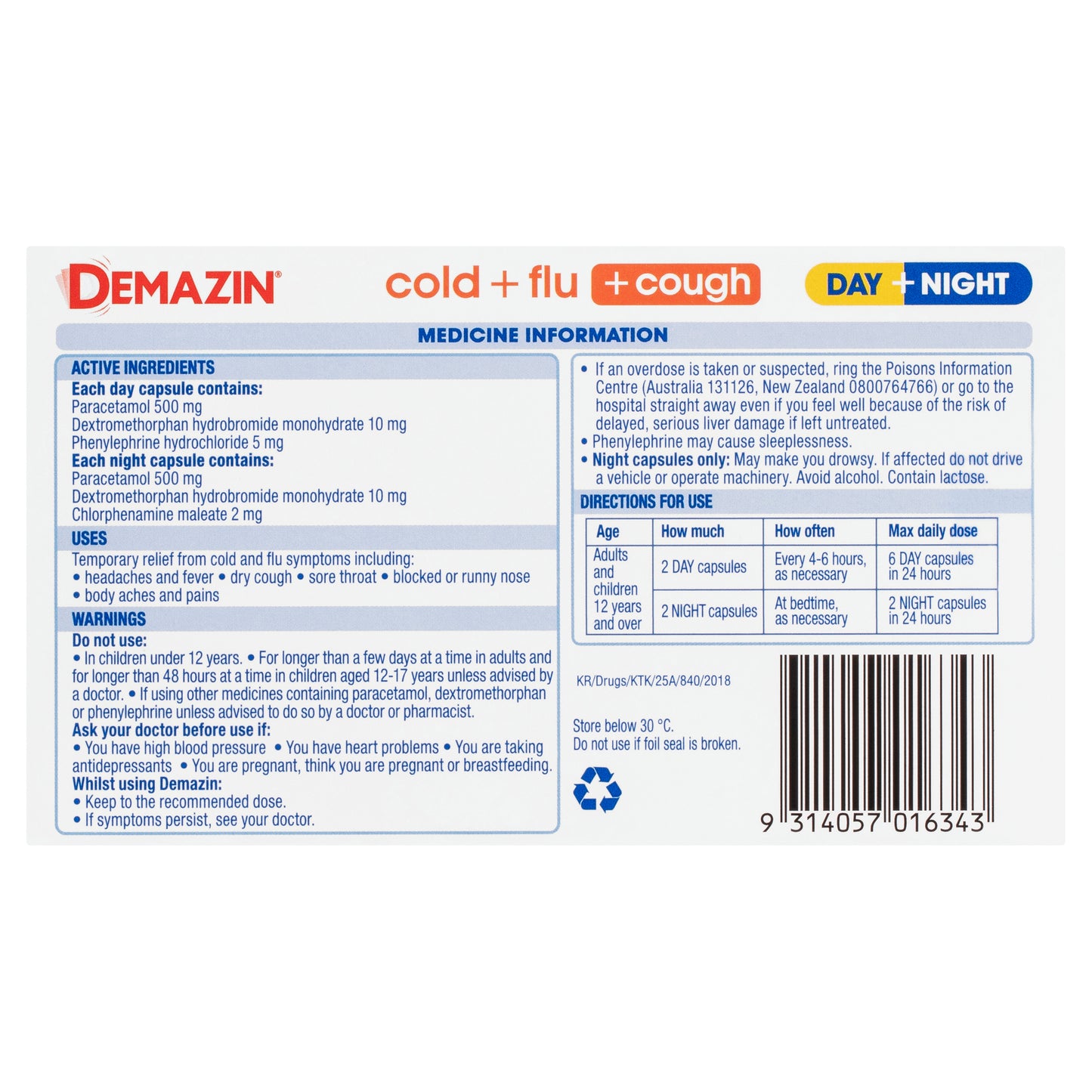 Demazin Cold + Flu + Cough Day + Night