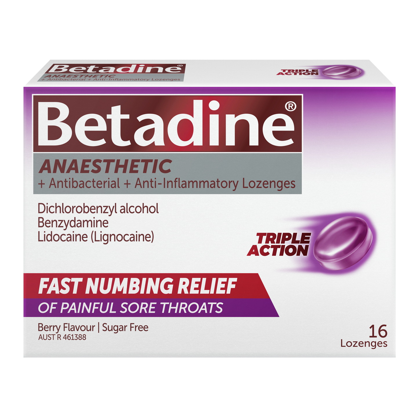 Betadine Anaesthetic + Antibacterial + Anti-Inflammatory Lozenges - Berry - 16s