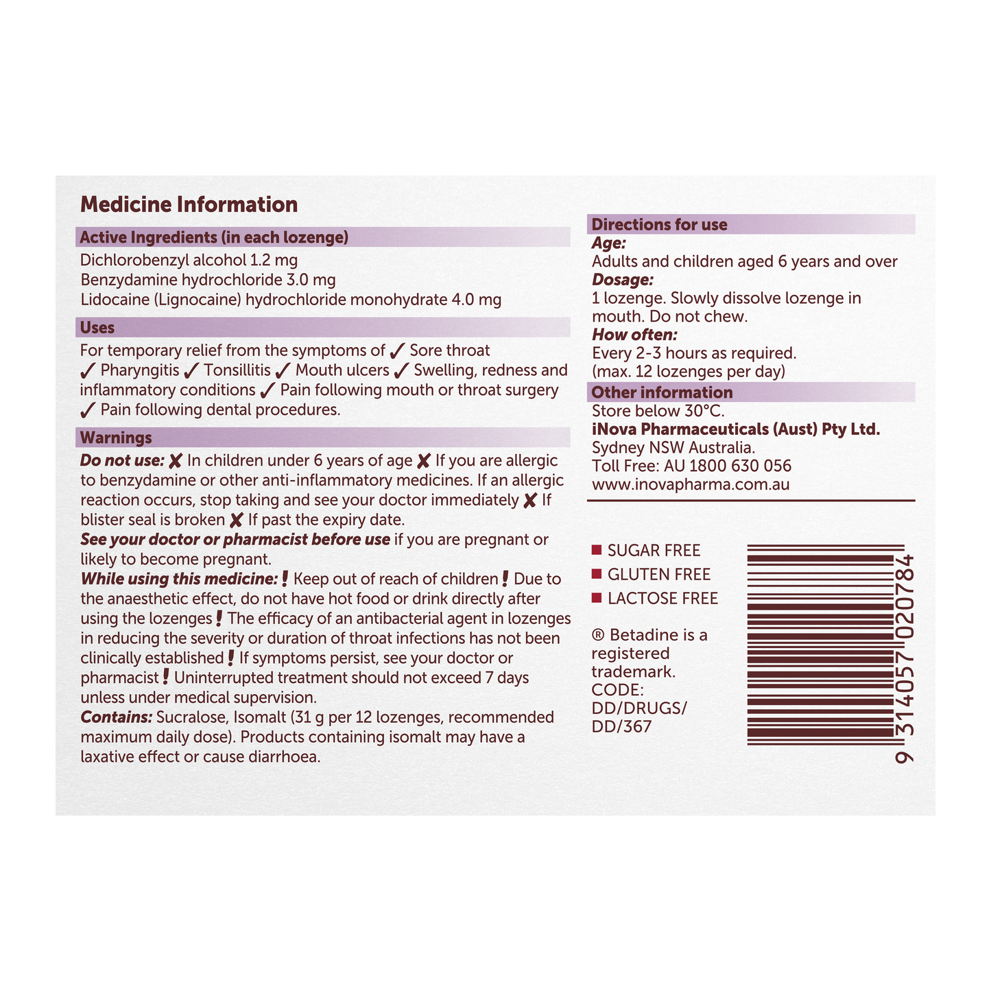 Betadine Anaesthetic + Antibacterial + Anti-Inflammatory Lozenges - Berry - 16s