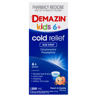 Demazin Kids 6+ Cold Relief Blue Syrup Peach & Vanilla Flavour