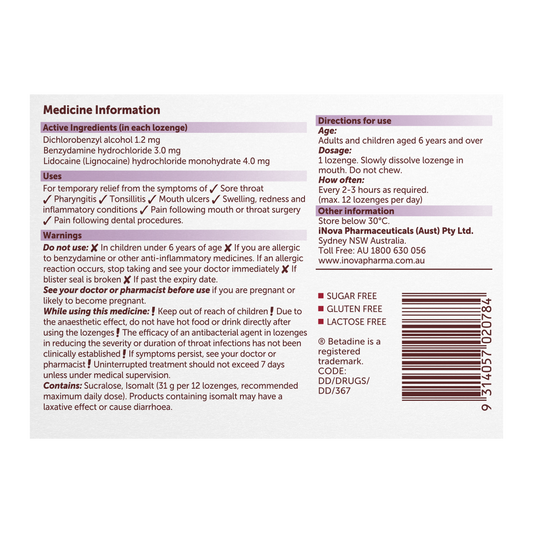 Betadine Anaesthetic + Antibacterial + Anti-Inflammatory Lozenges