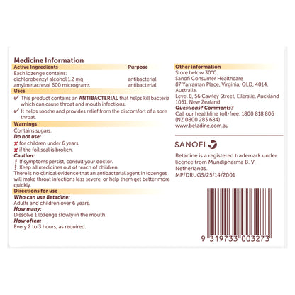 Betadine Sore Throat Lozenges Honey & Lemon
