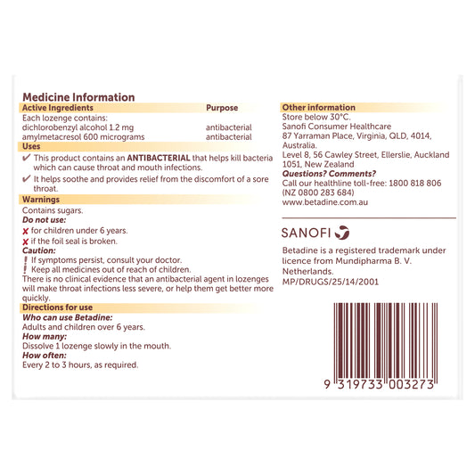 Betadine Sore Throat Lozenges Honey & Lemon